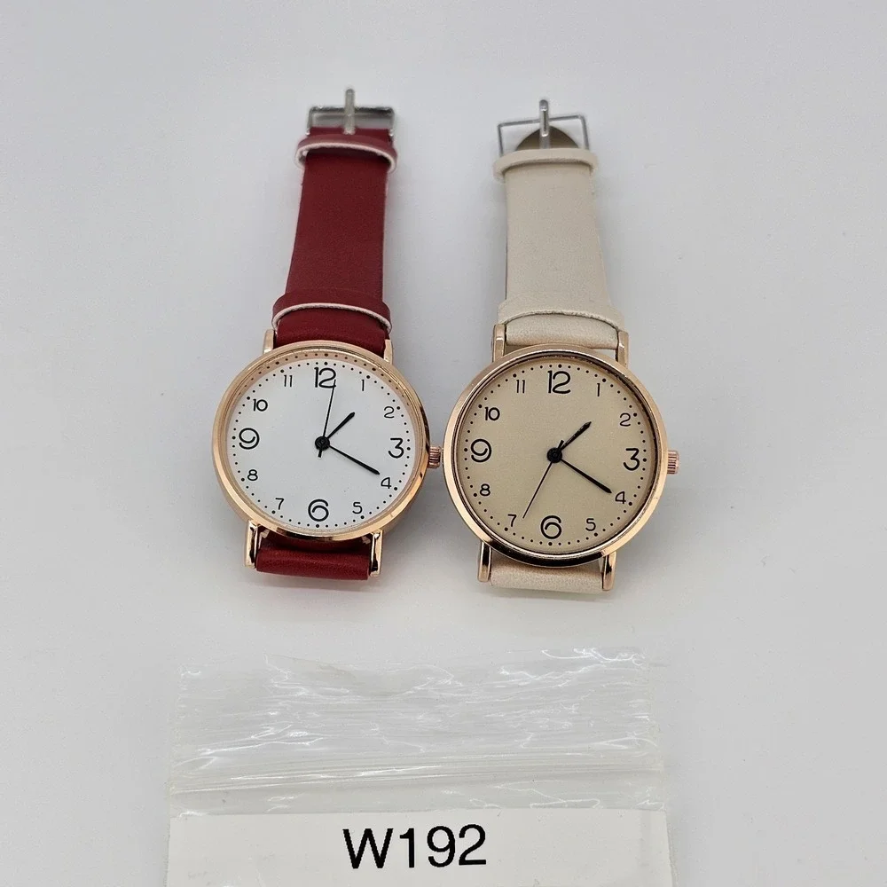 2X Women's‎ Watch 36MM White Cream Dial Red Cream Faux Leather Bands NEW Battery